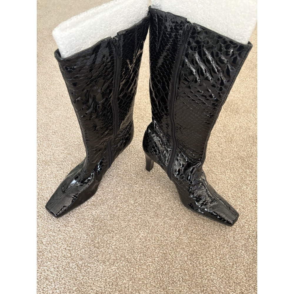 Diego di Lucca‎ Black Croc Print Zip Leather Shiny Square Toe Boots Size 10 NWOB
